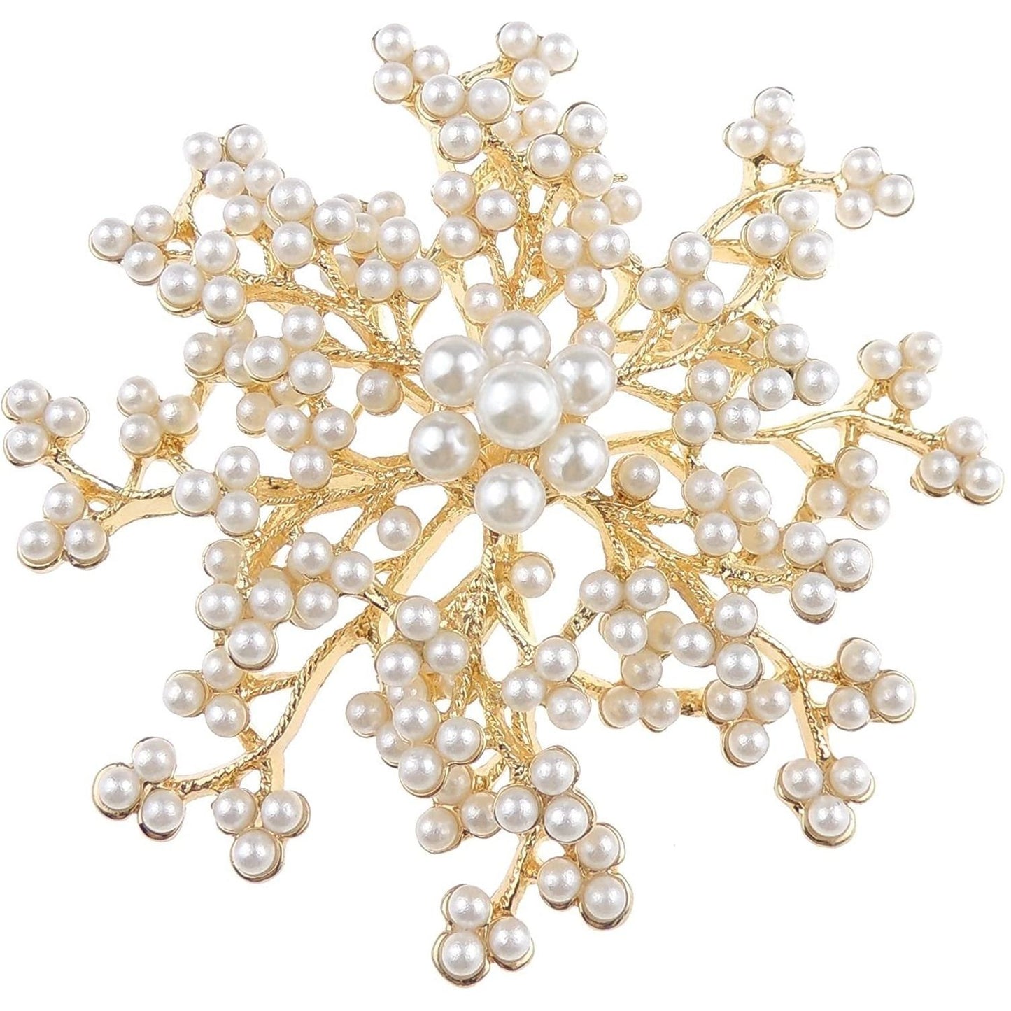 Large All Faux Pearl Wedding Evening Brooch Double Snowflake Flower Star