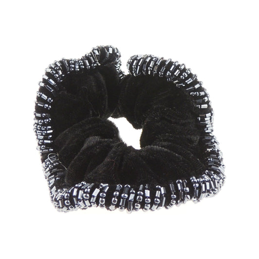 Womens Girls Black Velvet Beaded Fabric Evening Christmas Birthday Bridal Wedding Bridesmaid Party Ponio Hair Scrunchie Tie Up Back Elastic Accessories Bobbles Ponytail Holder Rubber Bands