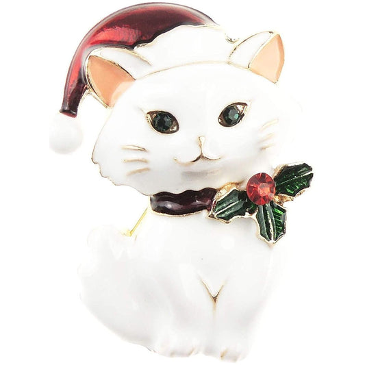 Super Cute Festive Christmas Santa Red Hat White Tabby Kitty Cat Lapel Brooch