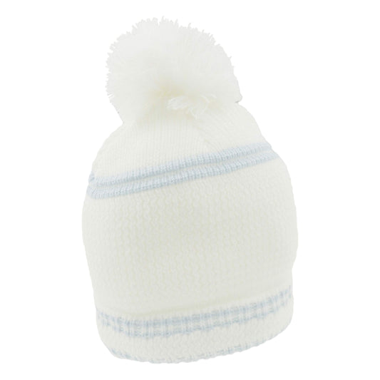 Glamour Girlz Super Soft Baby Girls Boys Warm Winter Chunky Cable Knit Bobble Pom Baby Hat (White Blue, 3-6 Months)