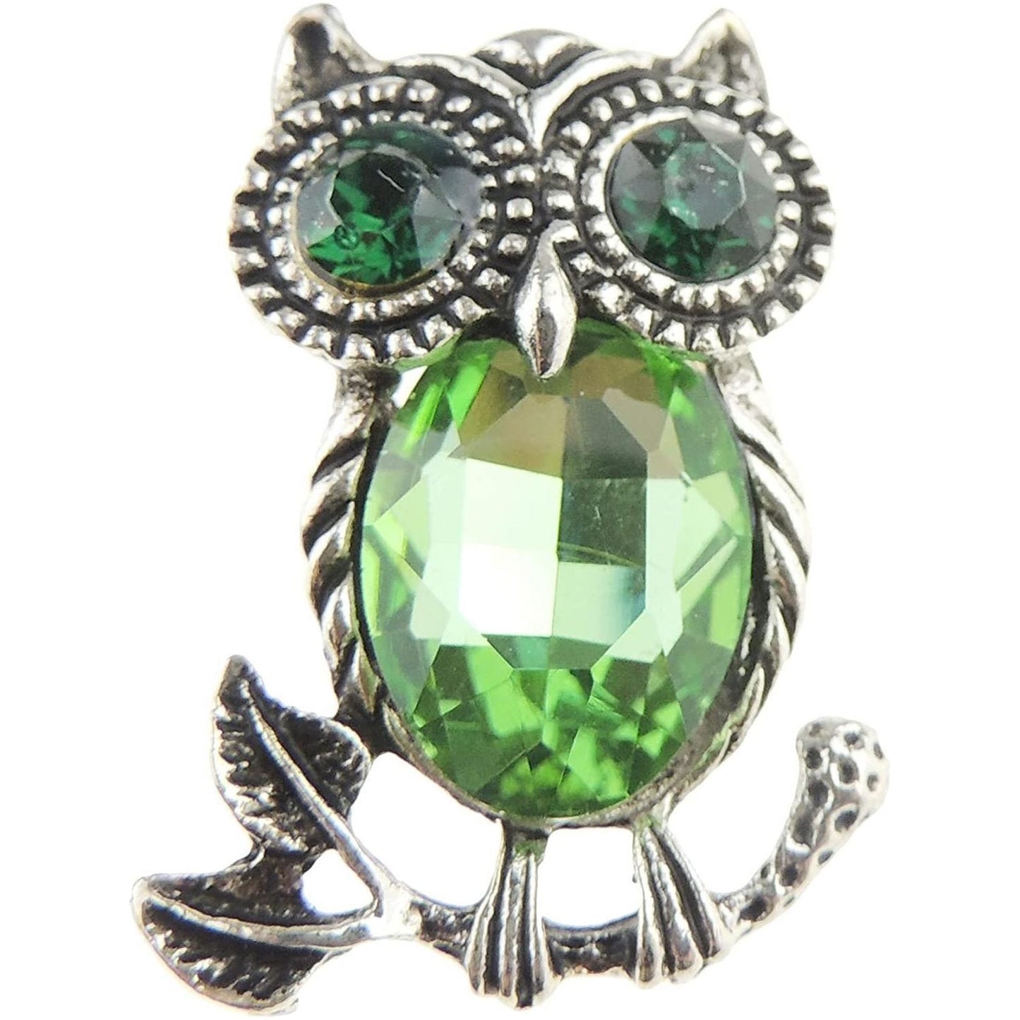 Ladies Mens Diamante Large Crystal Stone Owl On A Branch Bird Brooch Green Eyes