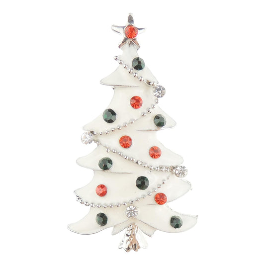 Ladies Diamante White Enamel Coloured Baubles Christmas Tree Brooch Pin