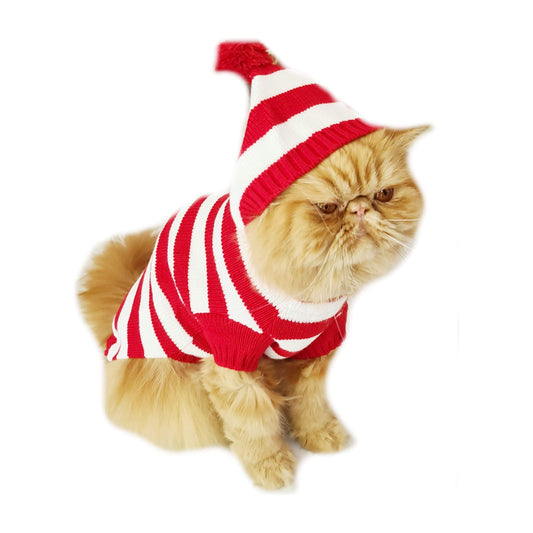 Adorable Red & White Striped SMALL DOG BREED ONLY Cat Warm Winter Knit Hoodie Hooded Girl Boy Jumper