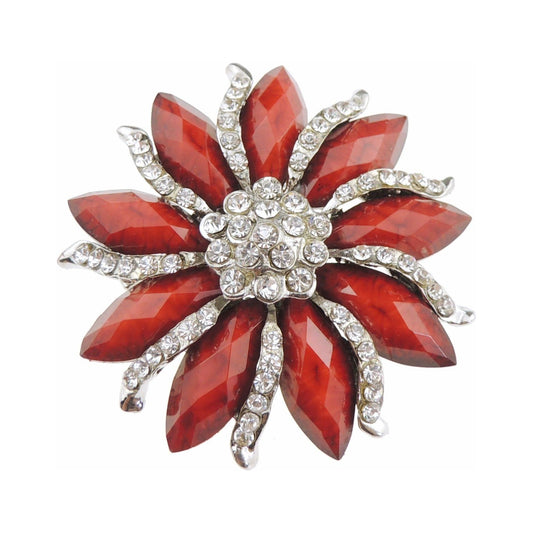 Ladies 5cm Large Evening Flower Crystal Sparkly Brooch (Dark Red)