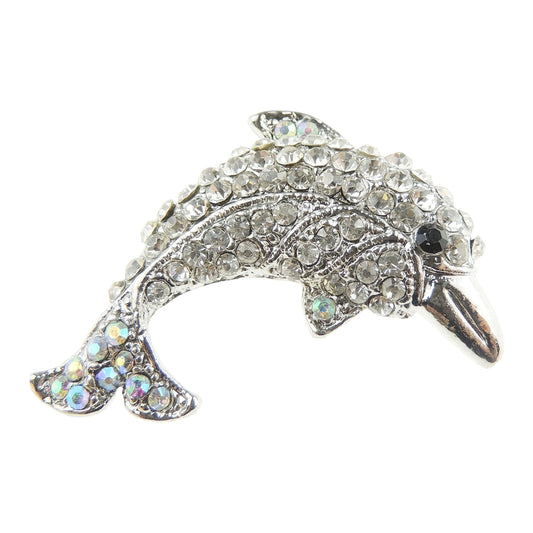 All Diamante Crystal Dolphin Orca Whale Ocean Lover Badge Brooch Silver Tone