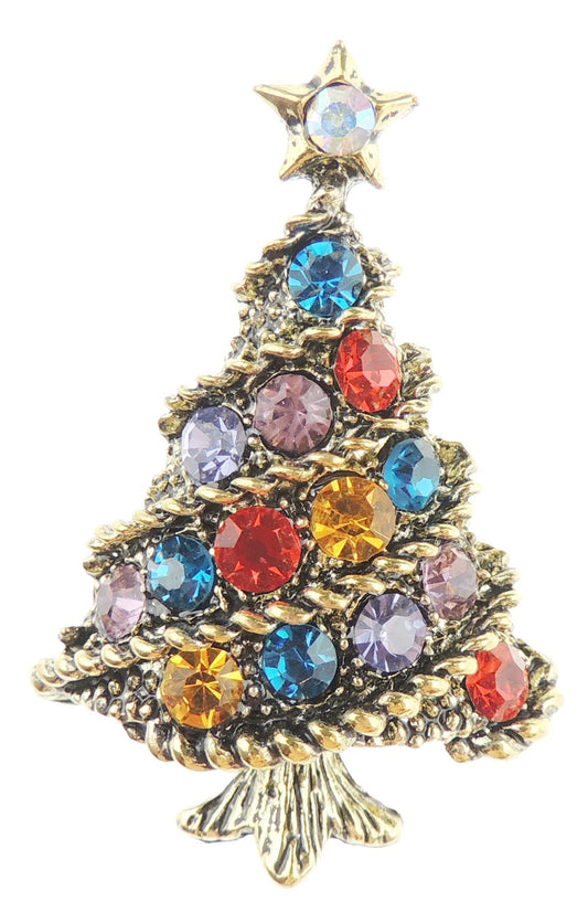 Ladies Crystal Diamante Colour Festive Swirly Christmas Tree Lapel Brooch (Old Gold Tone)