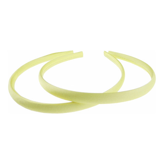 Pair of 2 Slim Thin 1cm Satin Covered Girls Party Satin Plain DIY Alice Headband Hairband Head Hair Band Kids School Uniform (Pale Yellow Lime)