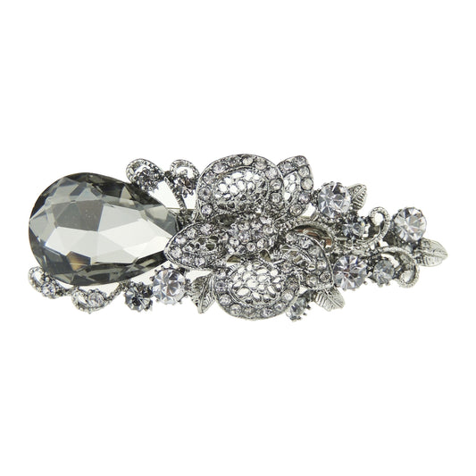 Ladies Beautiful Chunky Stone Diamante Crystal Hair Barrette Flower Tear Drop (Grey)