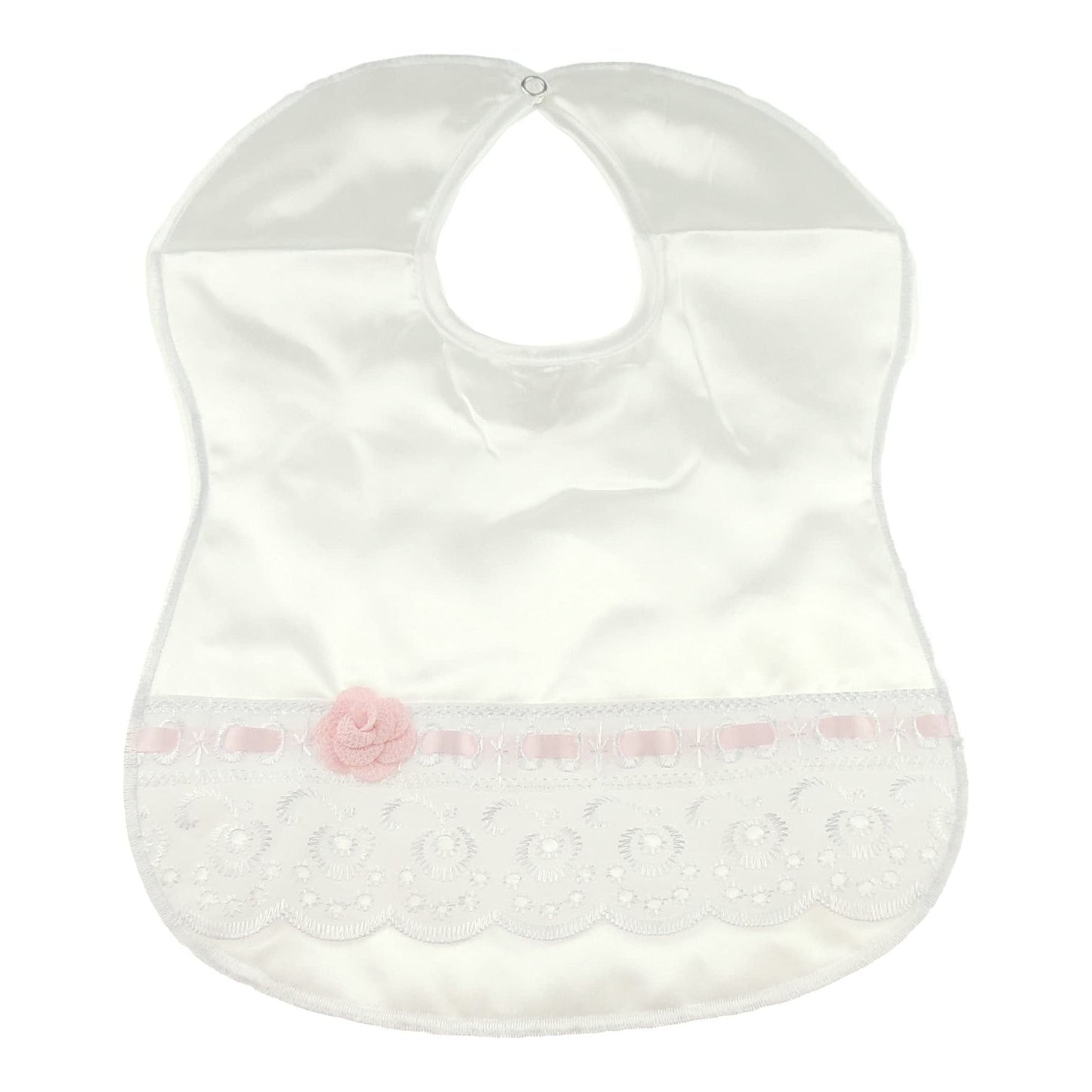 Glamour Girlz Cute Baby Girls Boys Babies Infant Childrens Kids Satin Broderie Anglais Rose Christening Baptism Summer Special Occasion Feeding Weaning Dribble Bib Newborn - 6 Months (White Pink)