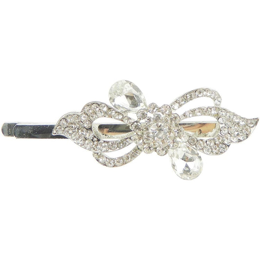 Ladies Clear Silver Tone Crystal Hair Slide Grip Stencil Swirly Bow