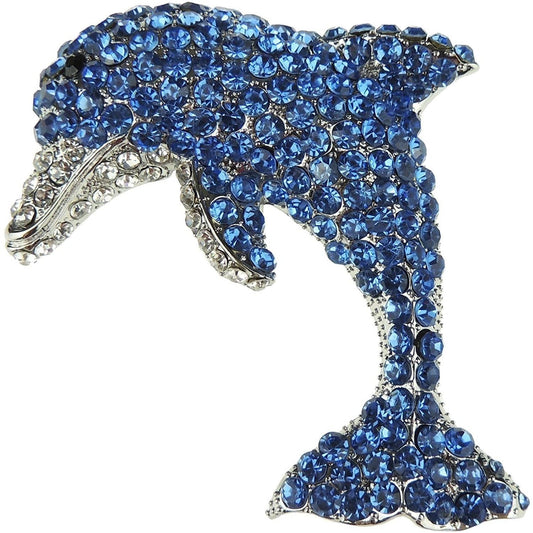 Large Diamante Crystal Dolphin Blue Ocean Lover Badge Brooch Silver Tone