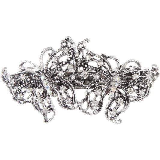 Womens Girls Crystal Rhinestone Diamante Wedding Birthday Party Evening Ponytail Fine Medium Hair Accessories Occasion Barrette Hairpin Grip French Spring Clip VIntage Silver Tone Butterfly