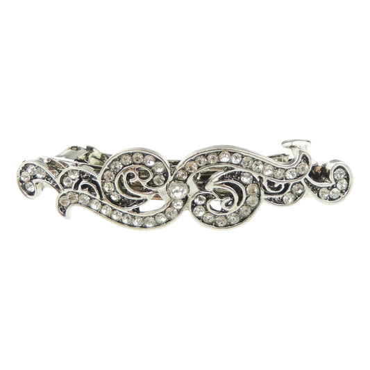 Vintage Look Womens Girls Crystal Rhinestone Diamante Wedding Bridal Party Evening Fine Hair Accessories Occasion Barrette Hairpin Grip French Metal Spring Clip Silver Tone Scroll Swirl Floral Clear