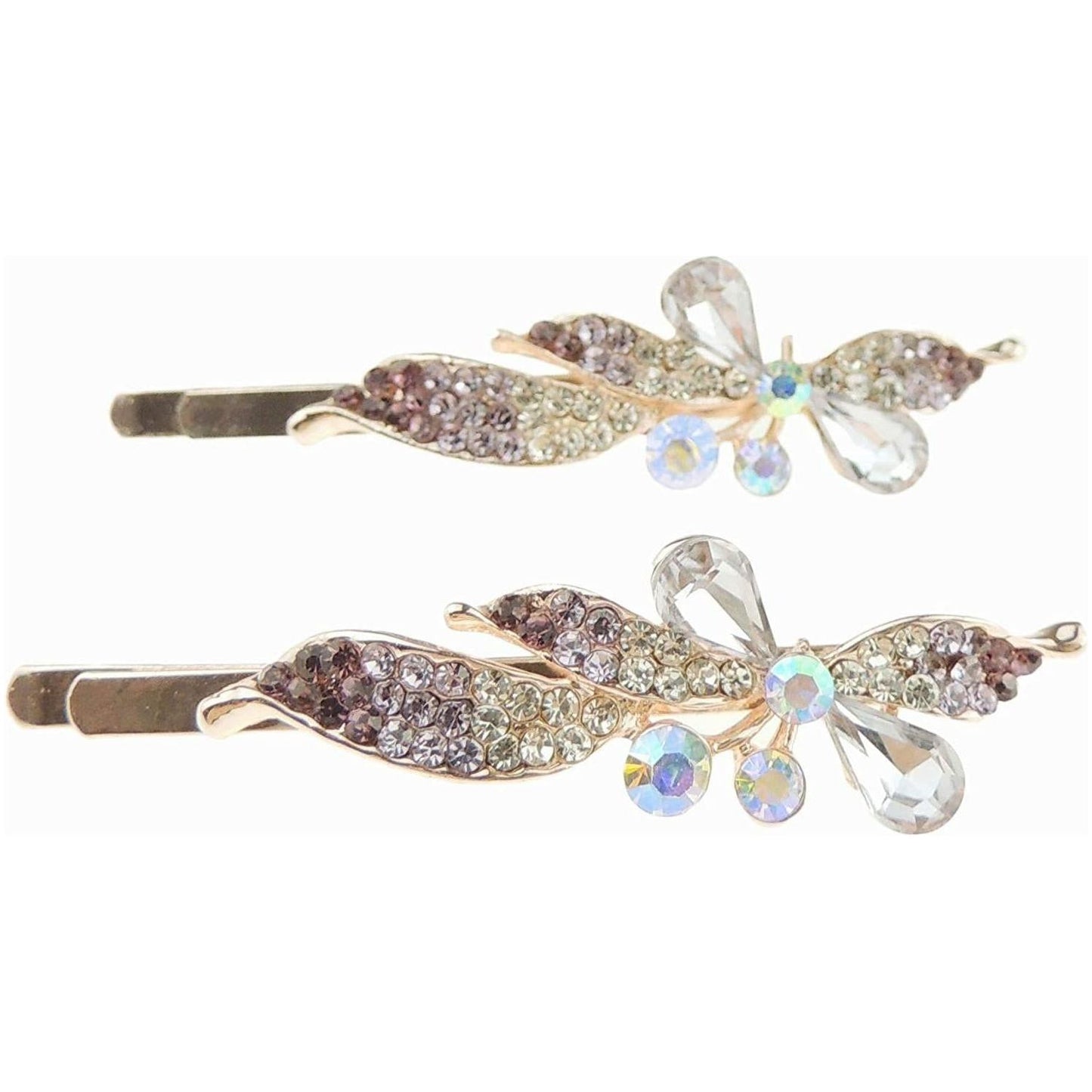 Set of 2 Ladies Sparkly Gold Tone Diamante Crystal Gold Tone Hair Grip Butterfly Waves Swirls