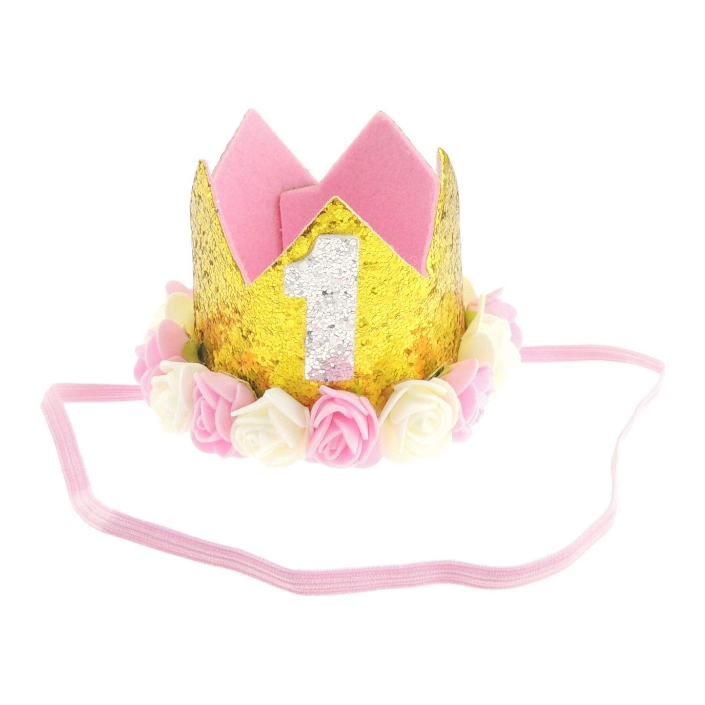 Adorable Baby Boys Girls Cat Dog Glitter 1st One Birthday Silver Gold Elasticated Crown With Roses