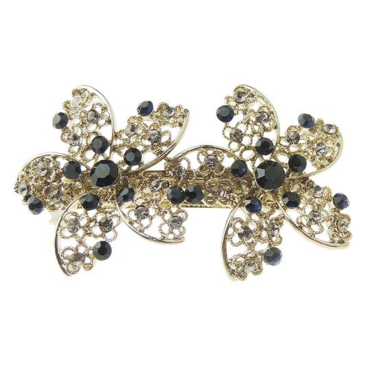 Ladies Vintage Look Gold Tone Crystal Diamante Stencil Barrette Pointy Dahlia Flowers
