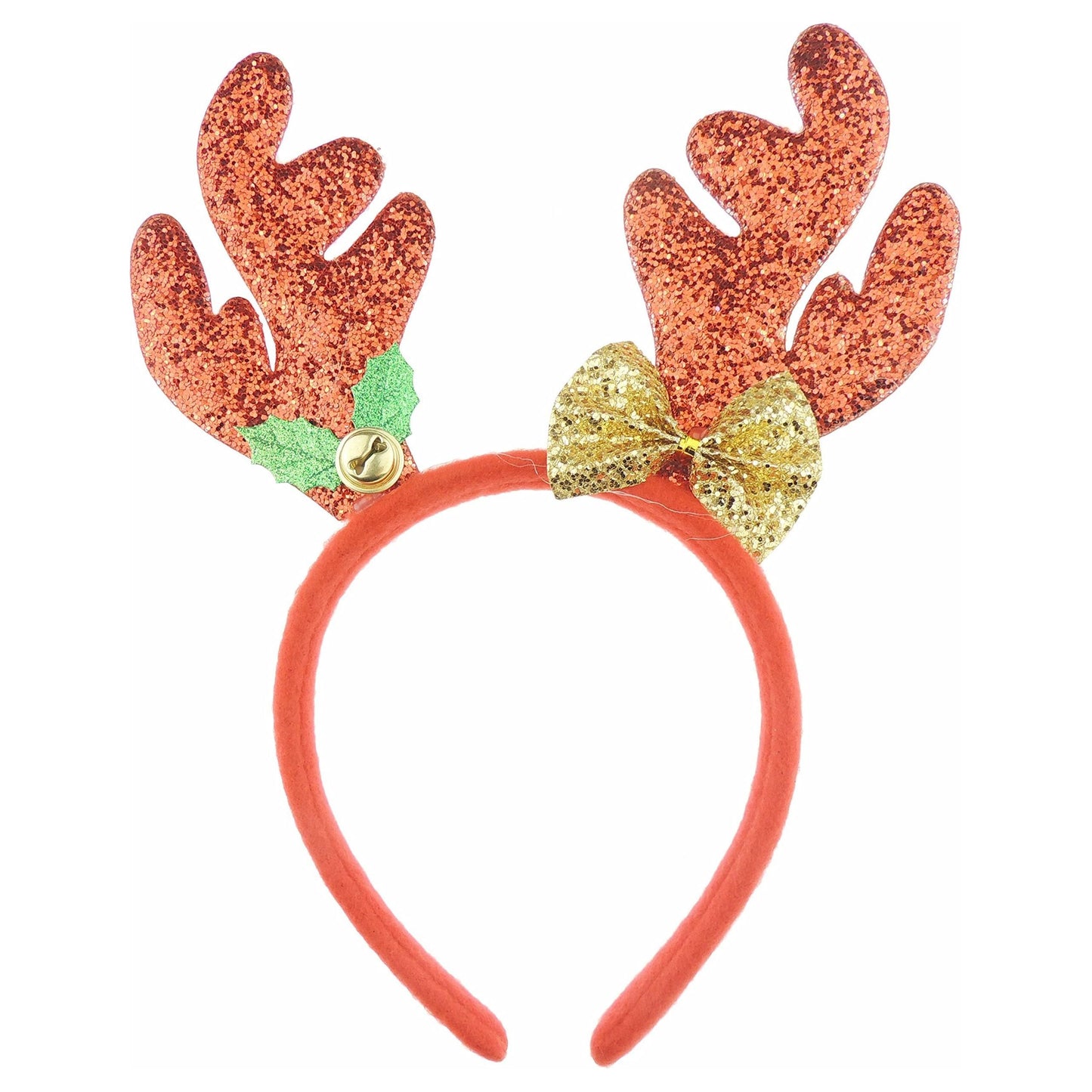 Unisex Womens Mens Festive Christmas Nativity Costume Outfit Party Headband Hair Hoop Alice Band Hairband Deeley Deely Springs Bopper Plush Deer Antler Ears Elk Stag Reindeer Gold Glitter Bow (Red)