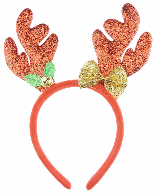 Unisex Womens Mens Festive Christmas Nativity Costume Outfit Party Headband Hair Hoop Alice Band Hairband Deeley Deely Springs Bopper Plush Deer Antler Ears Elk Stag Reindeer Gold Glitter Bow (Red)