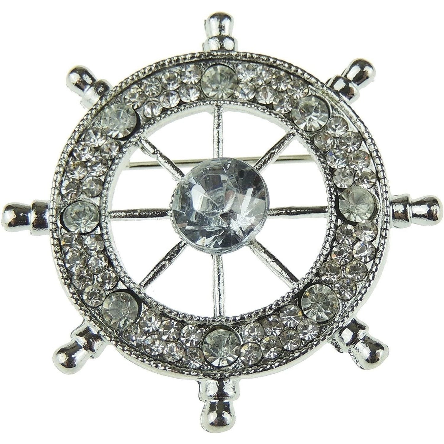 Ladies Men's Naval Maritime Boat Lover Brooch Diamante Crystal Gold Tone Boat Wheel