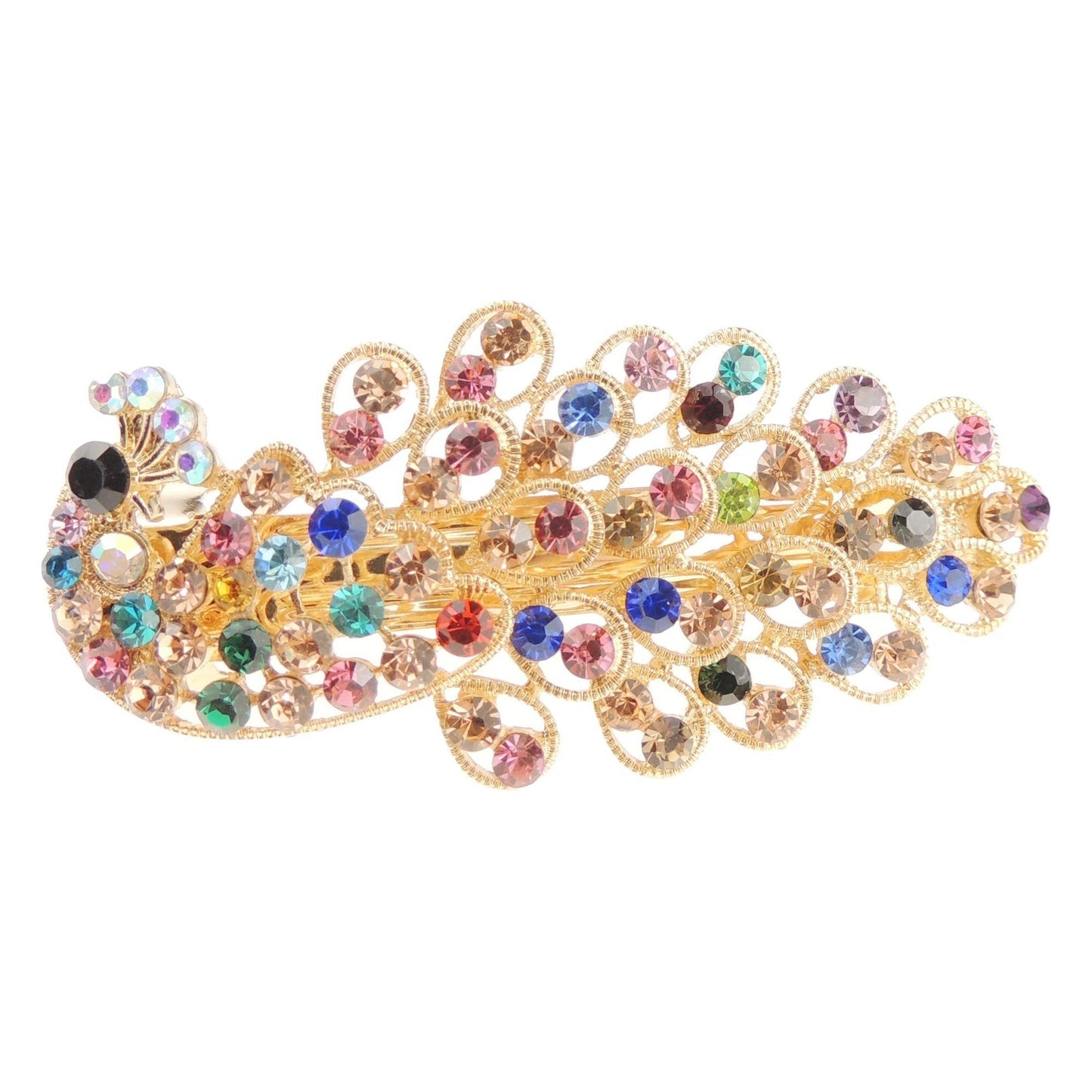 Sparkly Womens Girls Crystal Rhinestone Diamante Wedding Bridal Party Evening Ponytail Fine Hair Accessories Occasion Barrette Hairpin Grip French Metal Spring Clip Peacock Bird Gold Tone