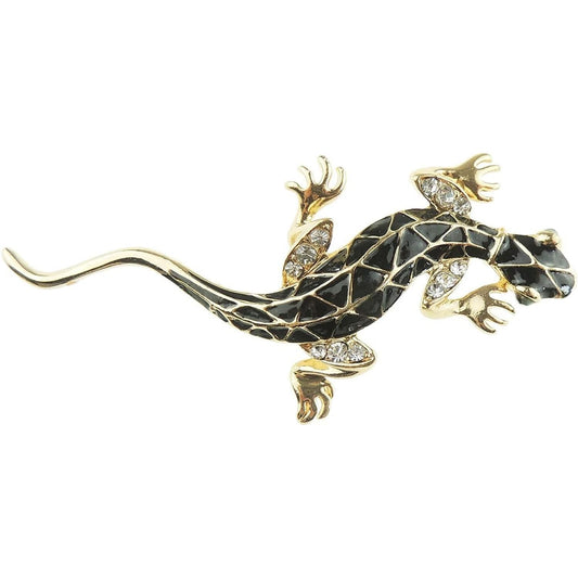 Iguana Lizard Diamante Crystal Rhinestone Enamel Brooch Badge Pin Black