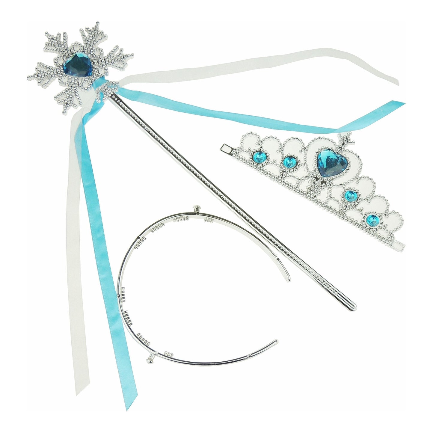 Girls Heart Tiara Headband Alice Band and Snowflake Princess Wand Set Turquoise