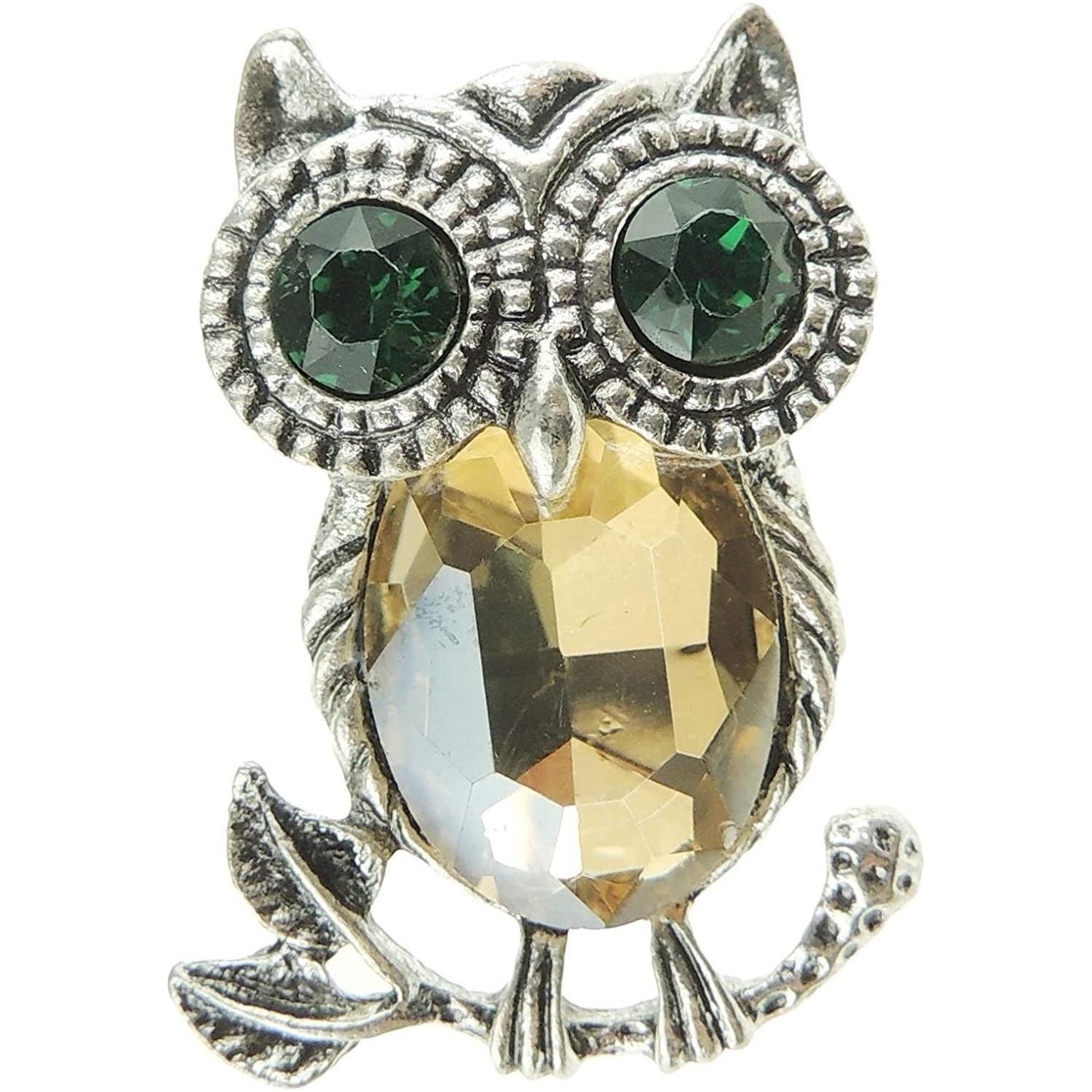 Ladies Mens Diamante Large Crystal Stone Owl On A Branch Bird Brooch Green Eyes