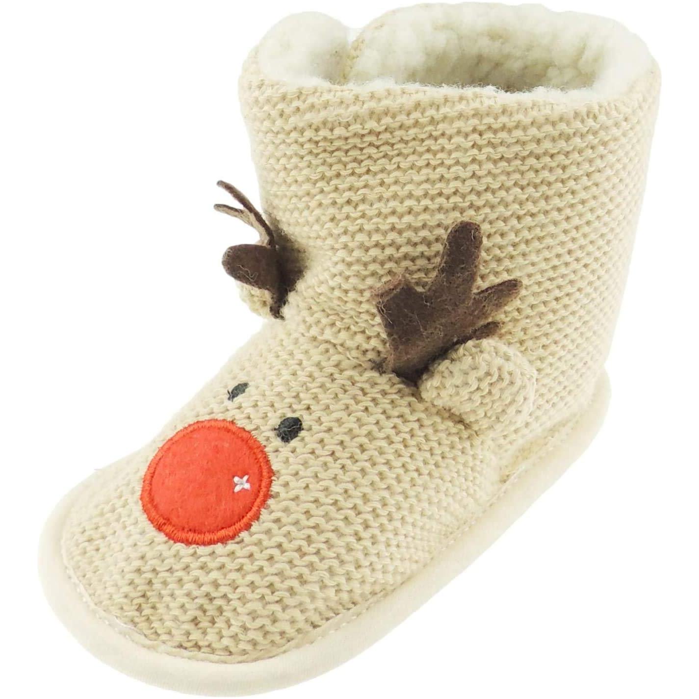 Baby Boys Unisex Girls Infant Newborn Babies Kids Crib Pram Shoes Winter Fleece Warm Soft Sole Plush Party Booties Slippers Festive 1st First Christmas Xmas Beige Knit Reindeer Boot