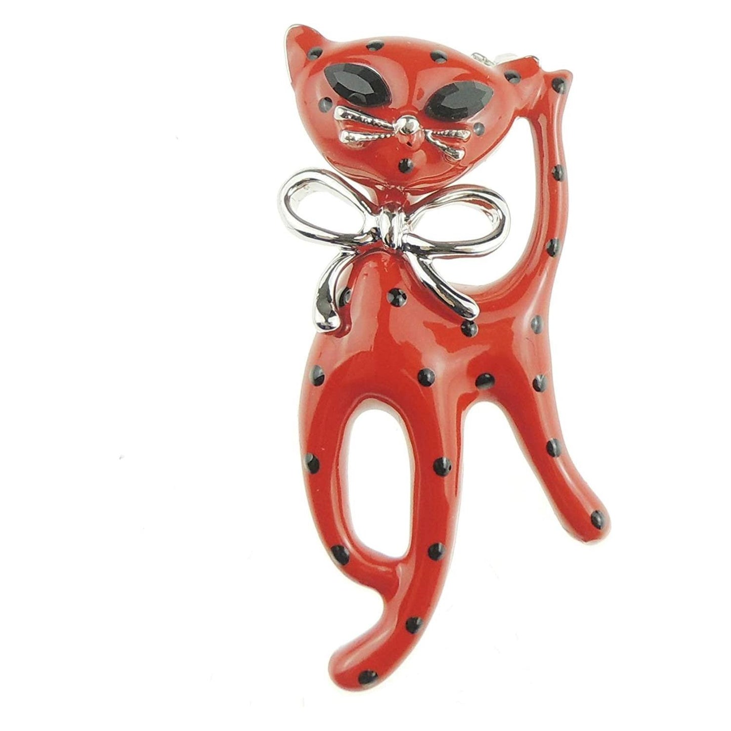 Enamel Diamante Crystal Standing Kitty Cat With Bow Brooch