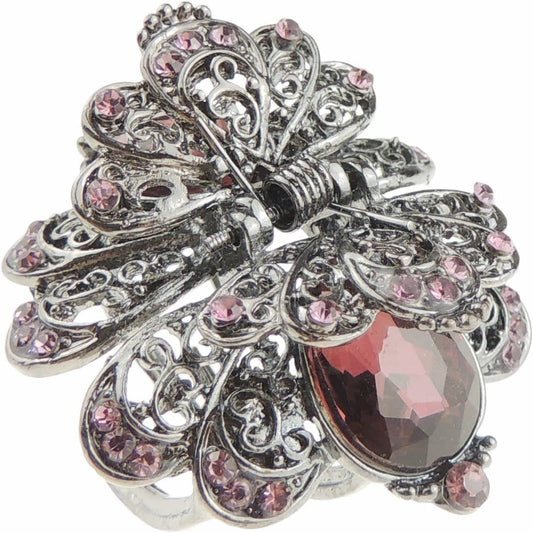 Ladies Vintage Look Dark Grey Metal Diamante Crystal Butterfly MINI 4cm Hair Claw Clamp (Dark Pink)