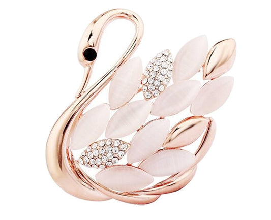 Men Women Vintage Look Bridal Wedding Dress Christmas Birthday Gift Saree Scarf Lapel Diamante Diamonte Crystal Rhinestone Brooch Badge Breastpin Corsage Pin Gold Tone Faux Pearl Pale Pink Swan Bird