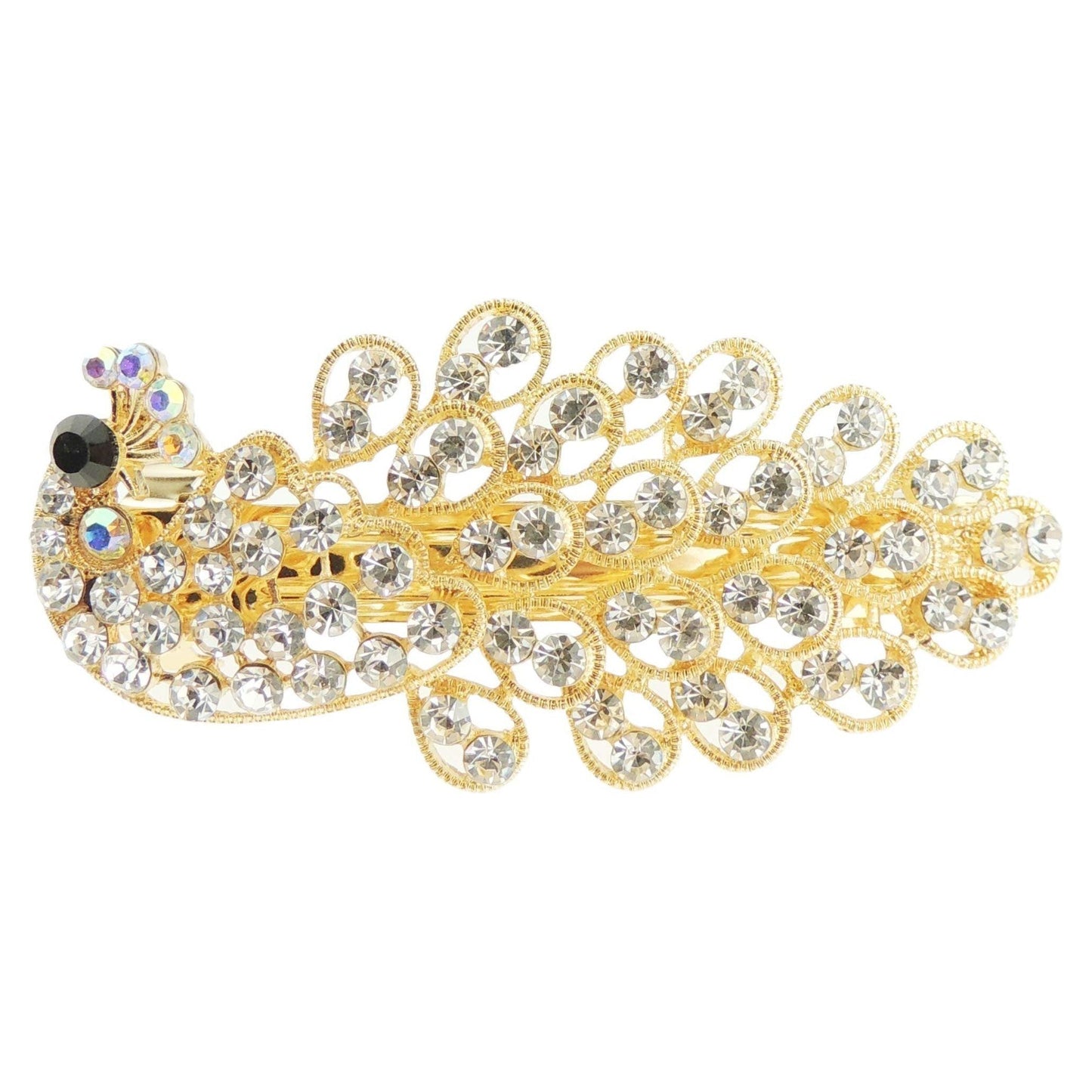 Sparkly Womens Girls Crystal Rhinestone Diamante Wedding Bridal Party Evening Ponytail Fine Hair Accessories Occasion Barrette Hairpin Grip French Metal Spring Clip Peacock Bird Gold Tone