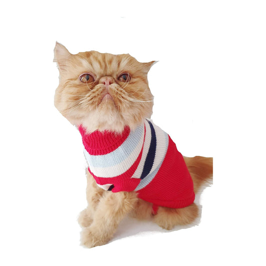 Cute Knitted SMALL MEDIUM LARGE DOG Puppy Cat Kitten Warm Winter Girl Boy Cold Weather Vest Sweatshirt Clothes Jacket Coat Christmas Ideas Pullover Jumper Sweater Big Stripes Red White