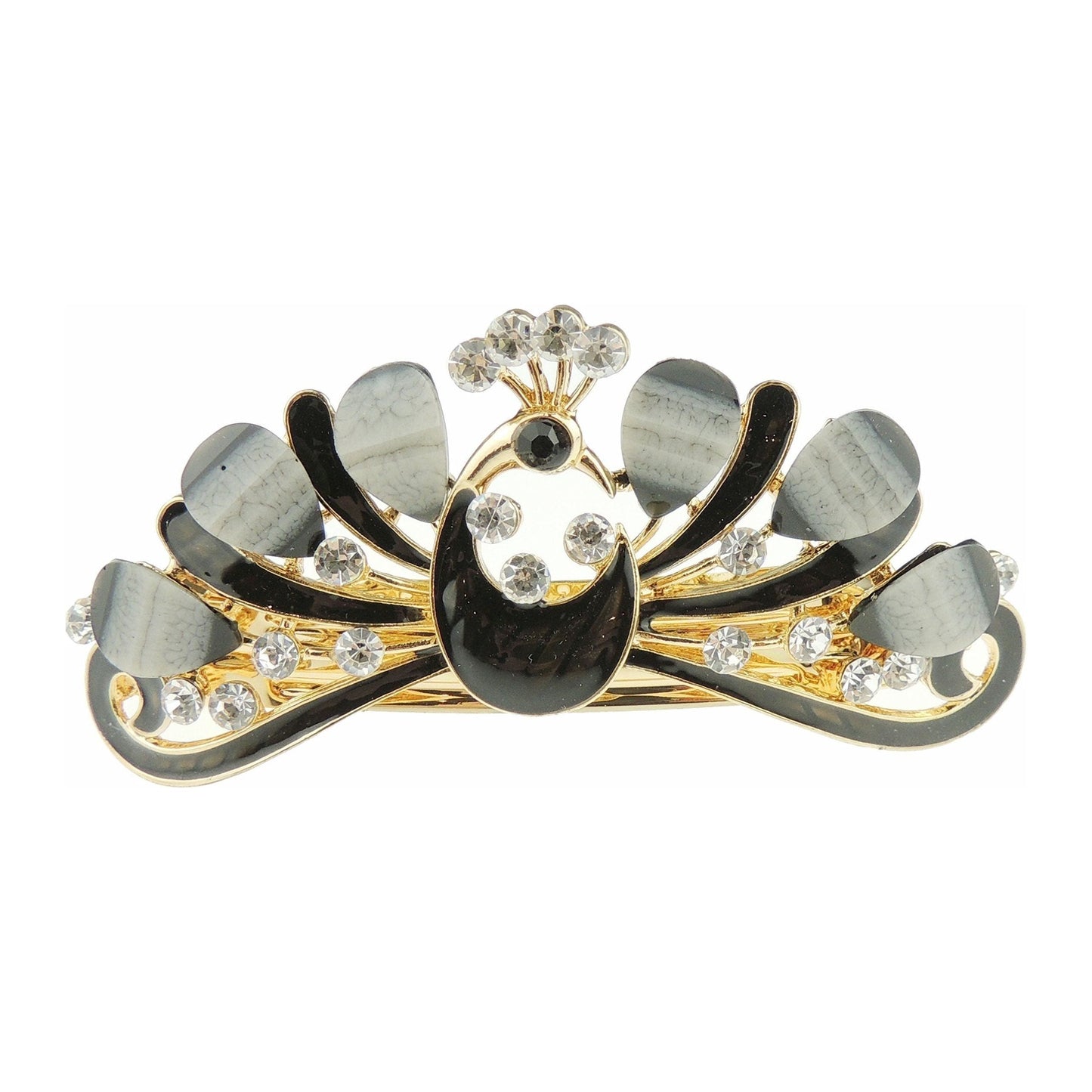 Ladies Enamel & Diamante Evening Occasion Stencil Hair Barrette Clip Peacock Spread Feathers