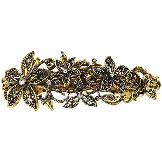 Gold Tone Metal Vintage Floral Diamante Hair Barrette