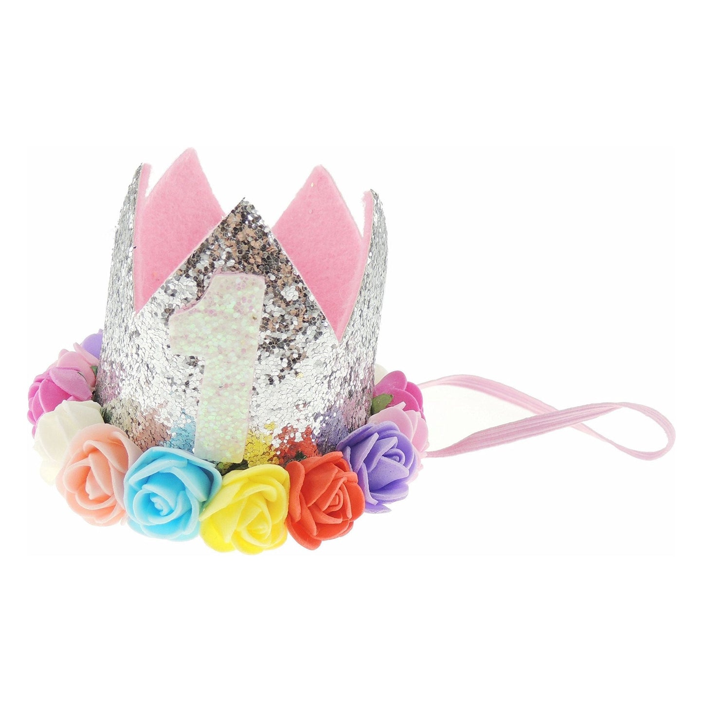 Adorable Baby Boys Girls Cat Dog Glitter 1st One Birthday Silver Gold Elasticated Crown With Roses