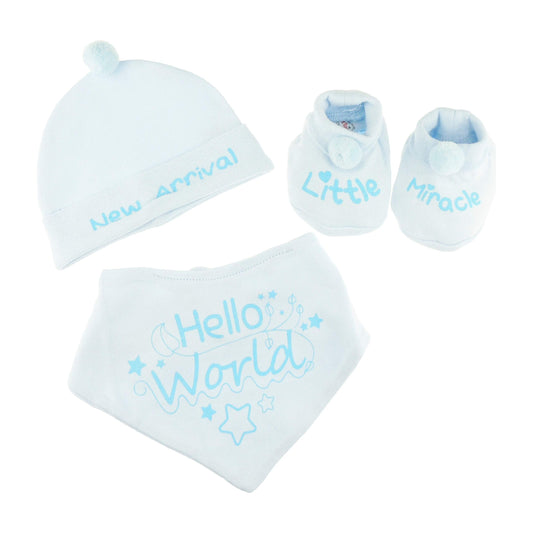 Baby Girls Boys Babies Infants Newborn Cute Cotton Gift Shower Essentials Set Beanie Cap Hospital Hat Bootees Booties Socks Feeding Bib 0 3 Months Little Miracle Hello World (Blue)