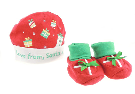 Red Baby Girls Boys Cotton Beanie Hat & Booties Socks Love From Santa Presents Gift Set Newborn to 6 Months