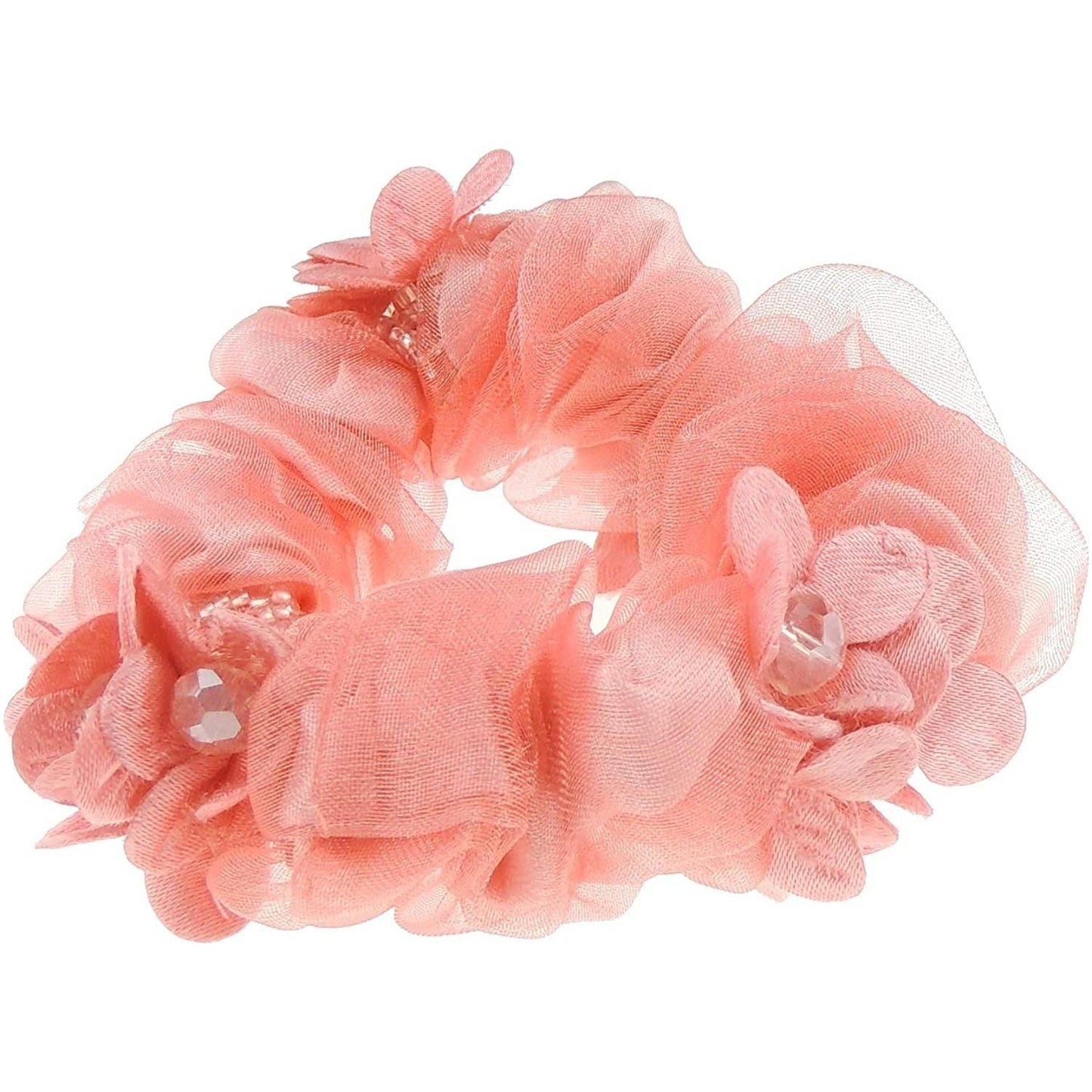 Womens Girls Essential Chiffon Beaded Floral Fabric Sleep Christmas Birthday Bridal Wedding Bridesmaid Party Ponio Hair Tie Up Back Elastic Accessories Bobbles Ponytail Holder Rubber Bands Scrunchie