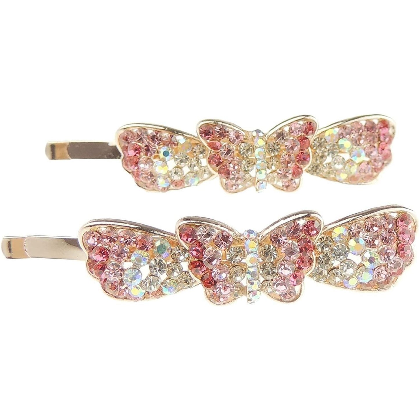 Ladies Pair of 6cm Crystal Diamante Gold Tone Hair Grip Slide Butterfly