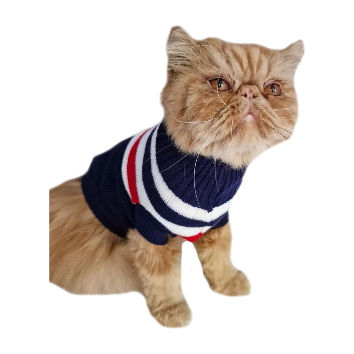 Cute Knitted SMALL MEDIUM LARGE Puppy Cat Kitten Warm Winter Girl Boy Cold Weather Vest Sweatshirt Clothes Jacket Coat Christmas Ideas Pullover Jumper Sweater Big Stripes Navy Blue White