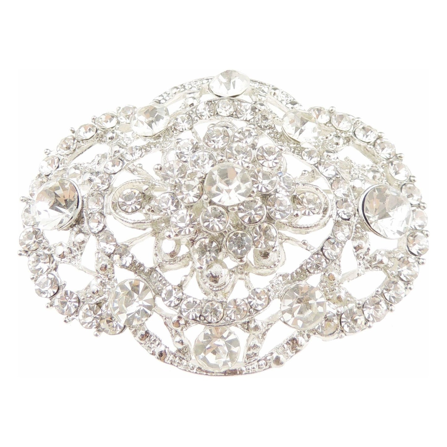 Diamante Crystal Rhinestone Silver Tone Oval Buckle Arms Floral Swirls Badge Brooch