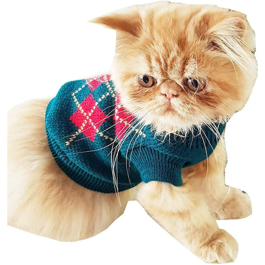 Cute Small Dog ONLY Puppy Cat Birthday Christmas Outfit Fleece Winter Girl Boy Jumper Coat Clothes Hoodies Costume Pullover Knitted Knit Sweater Sweatshirt Green Red Plaid Tartan Argyle