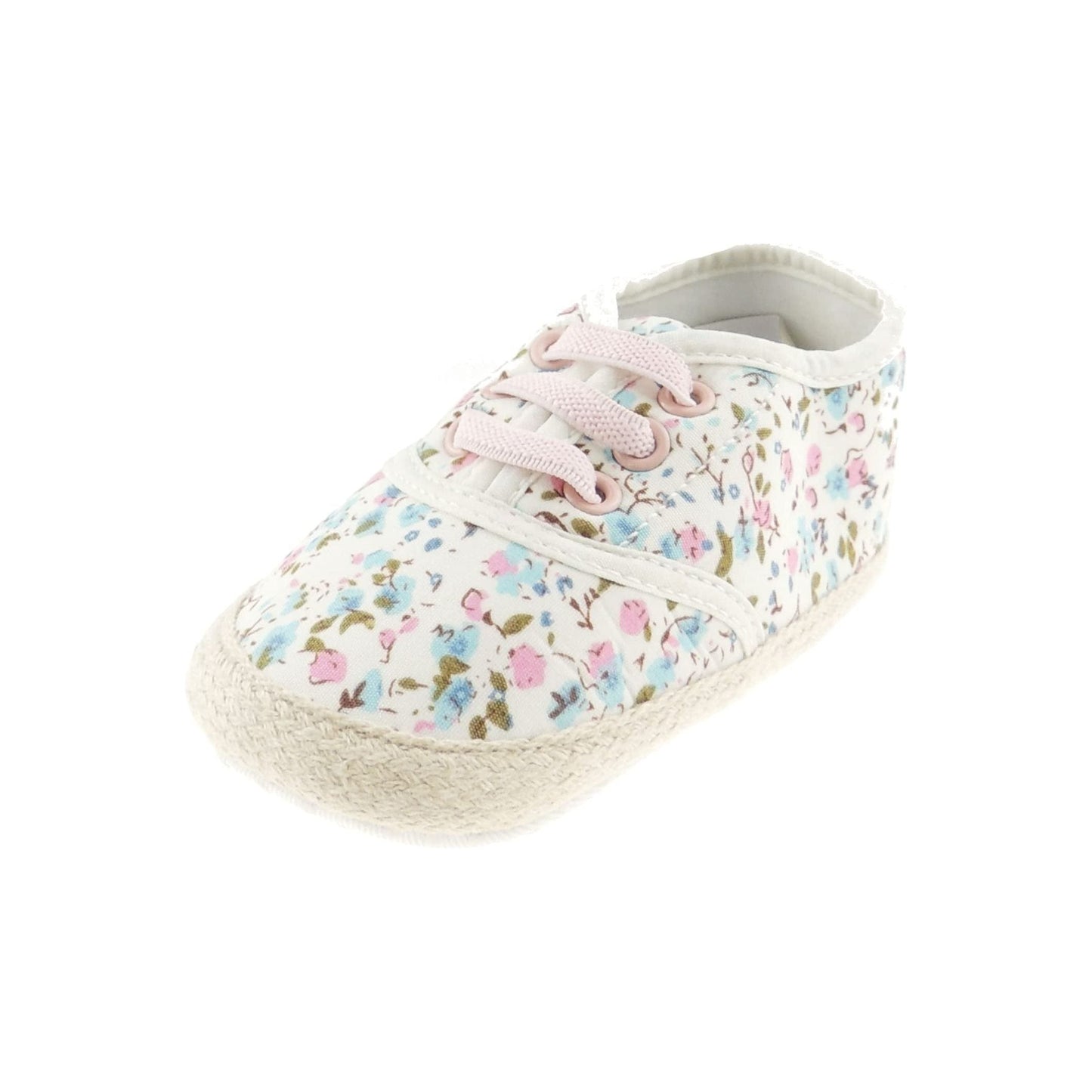 Baby Girls Pram Shoes Easy Slip On English Summer Garden Floral Roses Flowers Trainers Baby White Yellow Pink 0-9 Months (White Yellow Pink, 0_Months)