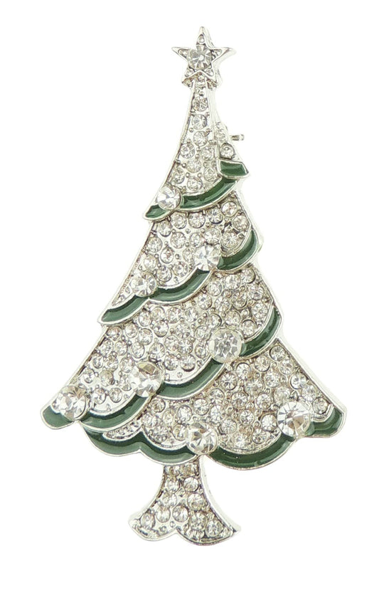 Ladies Men's Extra Sparkly Diamante Encrusted Festive Green Trim Christmas Tree Lapel Brooch Clear