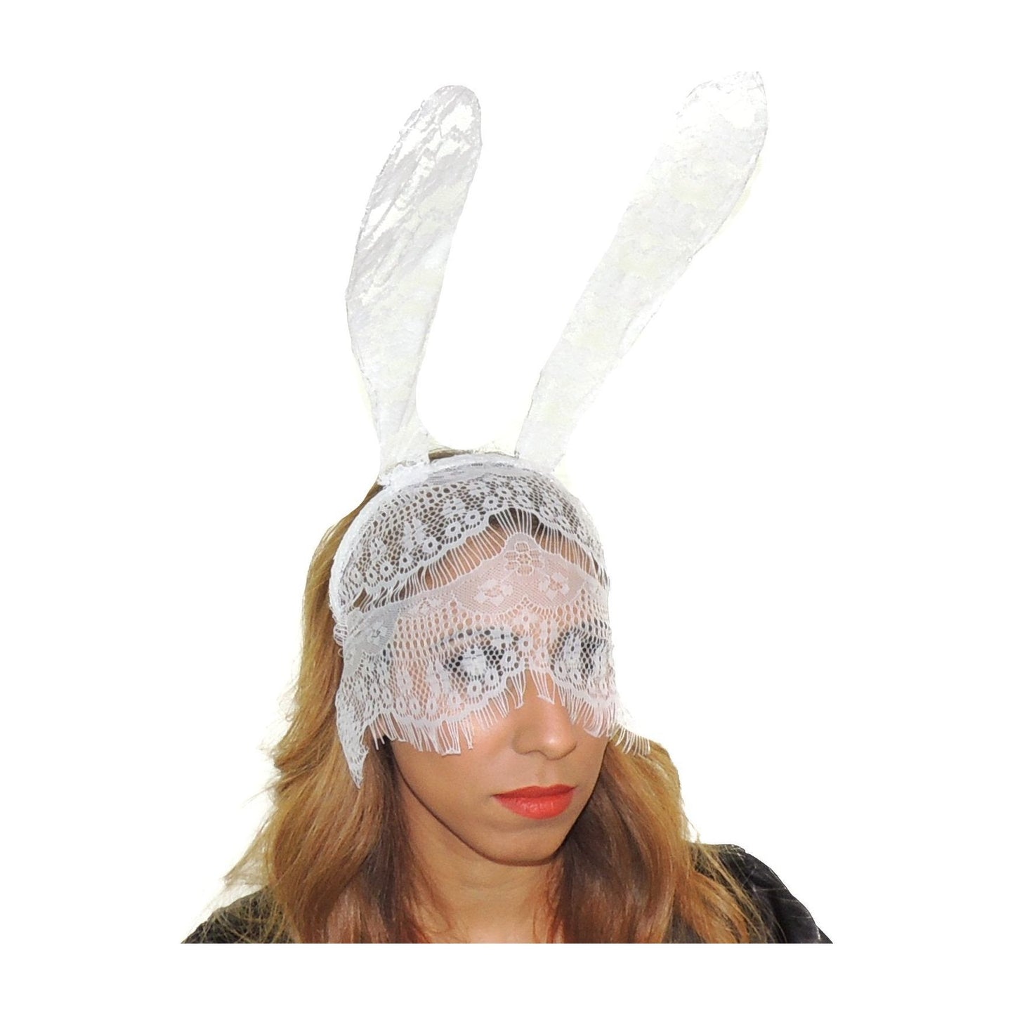 Womens Fancy Dress Up Party Role Play Cosplay Veil Masquerade Venetian Mask Costume Hen Do Halloween Deely Deeley Bopper Headband Hairband Hair Alice Band Large Fabric Lace Bunny Rabbit Ears (Black)