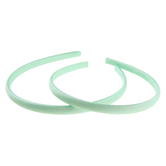 Pair of 2 Slim Thin 1cm Satin Covered Girls Party Satin Plain DIY Alice Headband Hairband Head Hair Band Kids School Uniform (Mint)